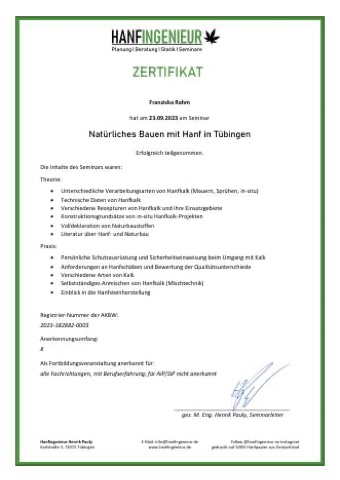 Teilnahmezertifikat Basisseminar Hanf
