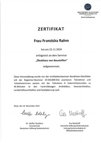 Zertifikat Ökobilanzierung von Baustoffen